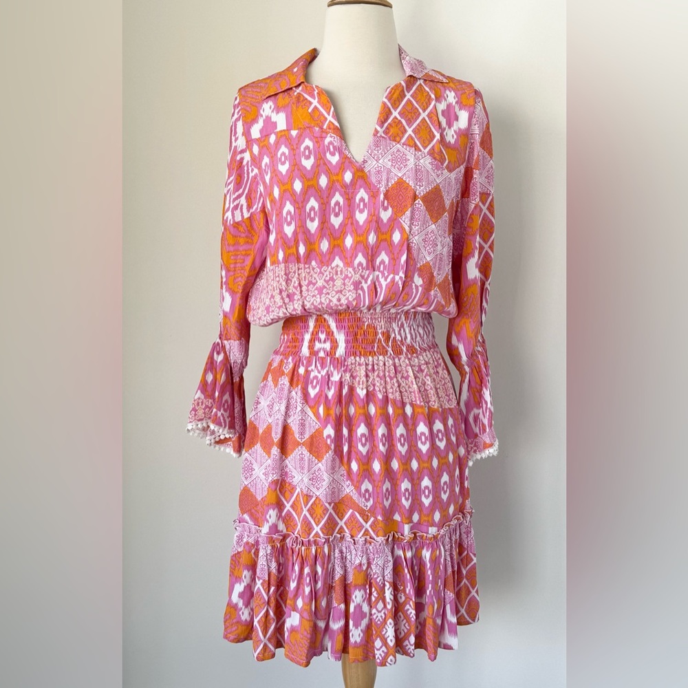 Walker & Wade Mia Dress Flamingo Ikat Pink Orange Size Small